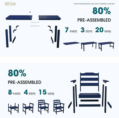THOEOE 7 Piece Outdoor Dining Set, Patio Dining Table and 6 Chairs, All-Aluminum Frame, All-Weather HDPE Outdoor Furniture with Umbrella Hole for Garden, Lawn, Poolside, Navy Blue