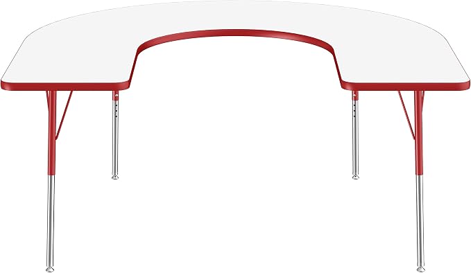 FDP Dry-Erase Horseshoe Activity School and Office Table (60 x 66 inch), Standard Legs with Swivel Glides for Collaborative Spaces, Adjustable Height 19-30 inches - Whiteboard Top, Red Edge and Legs