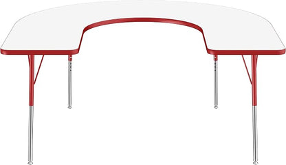 FDP Dry-Erase Horseshoe Activity School and Office Table (60 x 66 inch), Standard Legs with Swivel Glides for Collaborative Spaces, Adjustable Height 19-30 inches - Whiteboard Top, Red Edge and Legs