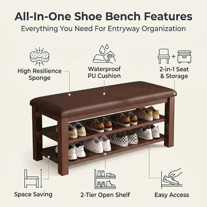2 Tier Shoe Storage Bench for Entryway | Sturdy Rubberwood Shoe Rack with Cushioned Seat, Space-Saving Organizer for Closet(Yellow,100cm/39.3in)