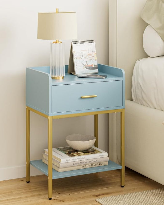 Masupu Nightstand,Bedside Table 3-Tier Modern Night Stand with Storage Drawer and Shelf,Small End Side Table for Bedroom,Living Room,Black (Without Outlet, Blue)