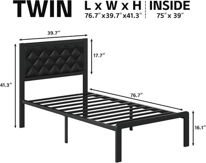 Fluest Twin Bed Frame with Headboard PU Leather Upholstered Bed Frame Platform,All Metal Slats Support Platform Bed Frame with Storage Space,Easy Assembly,Noise Free,No Box Spring Needed,Black