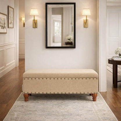 HomePop Large Rectangle Storage Bench with Nail Head Trim - Tan Linen