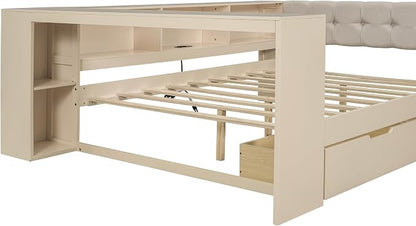 Bellemave Full Size Corner Bed Frame with Storage Drawers and Desk,Captain Daybed with L-Shaped Bookcase,Corner Bed Frame Full Size with Charging Station for Kids,Teens,Guests,Cream