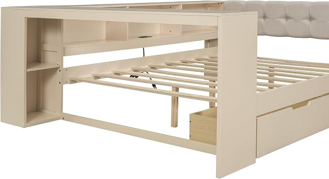 Ball & Cast Full Size Wood Daybed with Storage Shelves and Built-in Desk,Platform Bed w/Under-Bed Drawers & Charging Station,Upholstered Headboard,No Box Spring Needed,for Student Dorms,Cream