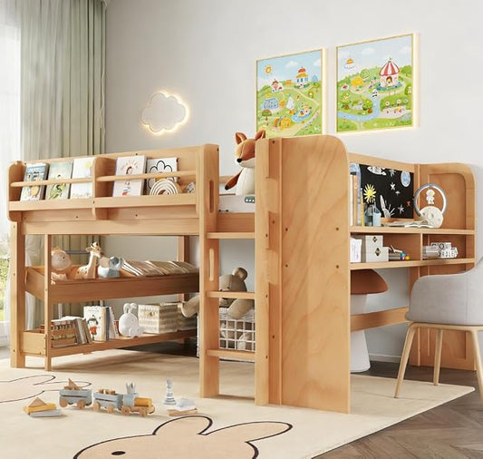 Bellemave Full Size Low loft Bed with Desk and bookcases, Boxes and Drawers for Kids,Wood Modern Farmhouse Kids Loft Beds with Shelf, Natural