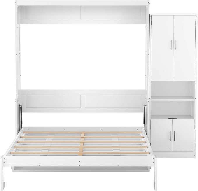 PVWIIK Queen Size Murphy Multifunctional Bed Frame with Desk & Storage Shelf & USB for Adult Boys Girls,Wall Bedframe Folding into Cabinet Design,White