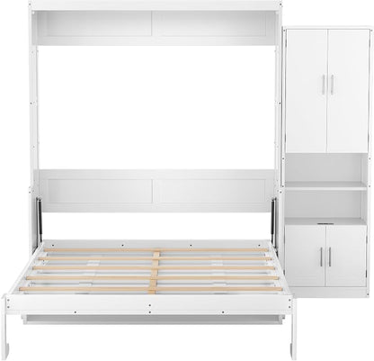 PVWIIK Queen Size Murphy Multifunctional Bed Frame with Desk & Storage Shelf & USB for Adult Boys Girls,Wall Bedframe Folding into Cabinet Design,White