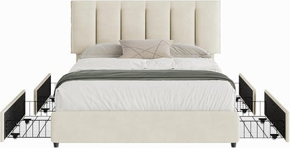 VECELO Queen Size Bed Frame with 4 Storage Drawers, Adjustable Height Headboard, Heavy-Duty Platform Bedframe with Strong Wooden Slats, No Box Spring Needed, Pale Beige