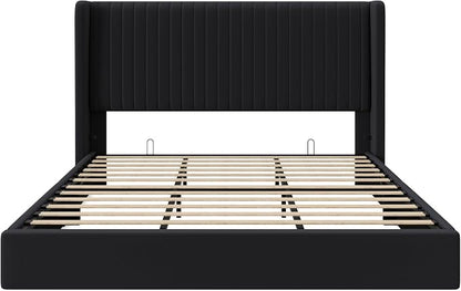Allewie King Size Lift Up Storage Bed Frame, Hydraulic Support System, Upholstered Platform Bed Frame, Underneath Storage, Vertical Channel Tufted Headboard with Wingback, No Box Spring Needed, Black