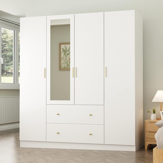 ECACAD Wardrobe Armoire with Mirror, 5-Tier Shelves, 2 Drawers, 2 Hanging Rods and 4 Doors, Wooden Closet Storage Cabinet for Bedroom, White (63”W x 19.7”D x 70.9”H)