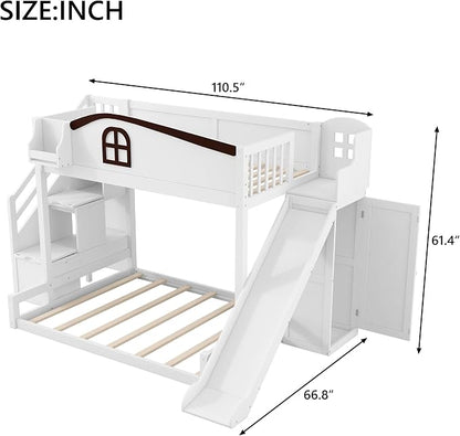 RUNNA Twin Over Full Bunk Bed with Slide,Storage Stairs,Shelf | Twin over full bunk bed with slide, storage stairs, overhead shelf, solid wood, guardrails, no box spring needed