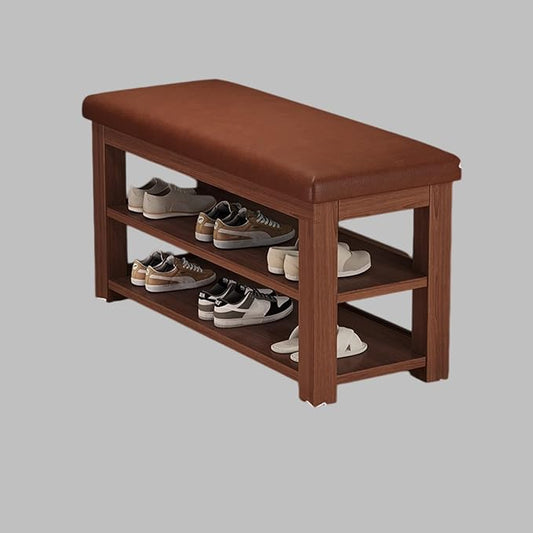 2 Tier Shoe Storage Bench for Entryway | Sturdy Rubberwood Shoe Rack with Cushioned Seat, Space-Saving Organizer for Closet(Brown,60cm/23.6in)