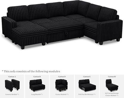 Belffin Corduroy Sleeper Sofa Bed with Storage Chaise Modular Sectional Sofa Couch with Pull Out Bed L Shaped Sectional Couches for Living Room Black Couch
