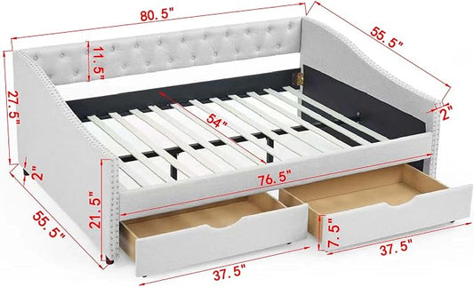 KEIKI Full Size Upholstery Daybed with 2 Drawers and Headboard, Mid-Century Style Tufted Sofa Bed with Button on Back, Easy Assembly, No Box Spring Required, for Living Room and Bedroom, Beige