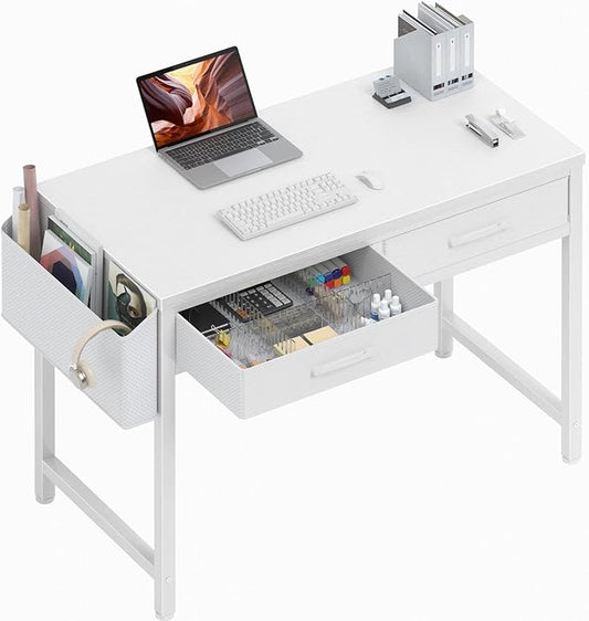 DLisiting 32 Inch Small White Desk with 2 Drawers, Study Writing Computer Desk with Storage Drawer for Bedroom Home Office, Vanity Table Without Mirror for Girls Small Spaces