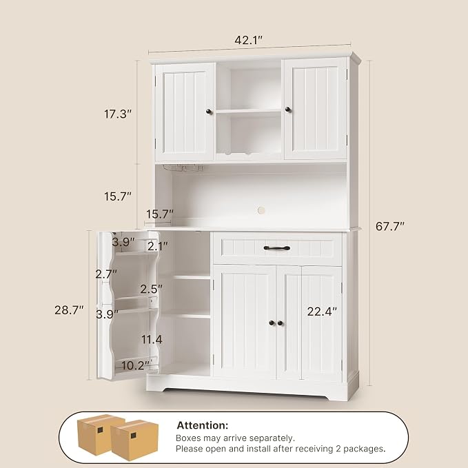 Gizoon Tall Kitchen Storage Cabinet with Door and Shelves, 67" Kitchen Pantry Cabinet Large Coffee Bar Hutch with Storage for Dining Room, Painted White