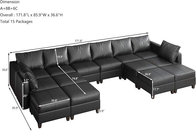 EASE MOOSE U Shaped Modular Sectional Sofa with Storage, Faux Leather Modular sectional Oversized Modular Sectional Couch with Reversible Chaises for Living Room