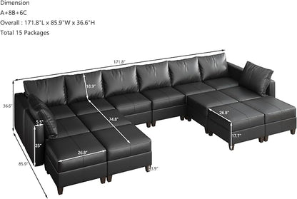 EASE MOOSE U Shaped Modular Sectional Sofa with Storage, Faux Leather Modular sectional Oversized Modular Sectional Couch with Reversible Chaises for Living Room