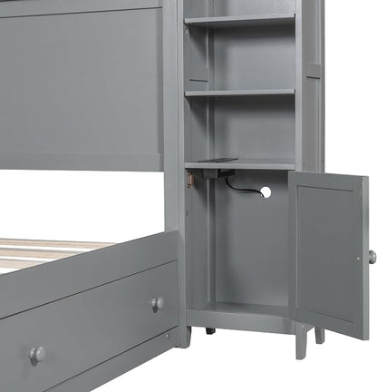 Merax Queen Size Wooden Bed with All-in-One Cabinet, Gray Platform Bed Frame with 4 Drawers, Shelf and Sockets