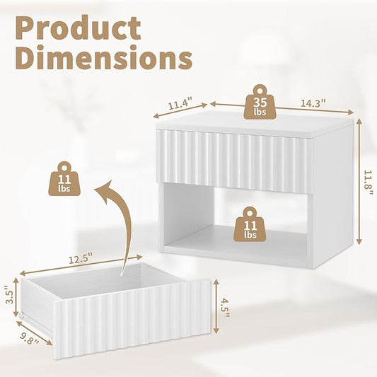 Floating Nightstand Set of 2, Modern Wall Mounted Bedside Tables with Fluted Drawer, Night Stand Small End Table with Open Storage Shelf for Bedroom, Living Room, Small Spaces, White