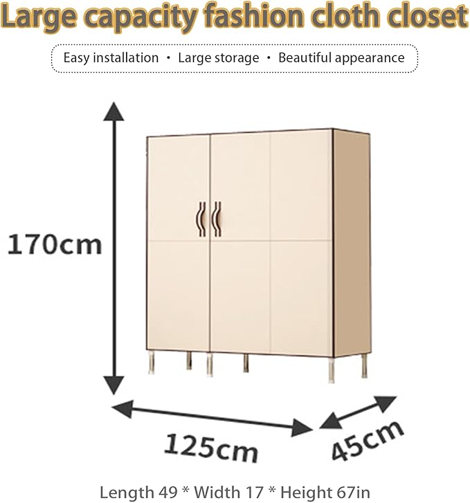 Portable Wardrobe Closet Clothes Organizer 49in Simple Non-Woven Fabric Wardrobe Multi-Functional Household Clothes Storage Cabinet with Cover and Hanging Rod-Gray White