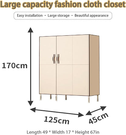 Portable Wardrobe Closet Clothes Organizer 49in Simple Non-Woven Fabric Wardrobe Multi-Functional Household Clothes Storage Cabinet with Cover and Hanging Rod-Gray White