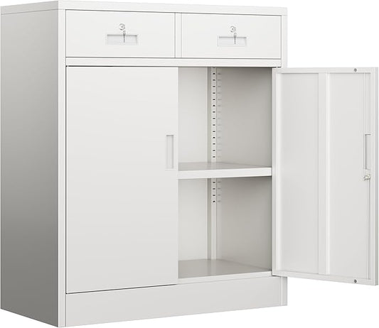 BESFUR Metal Garage Storage Cabinet with Two Lockable Drawers 2 Locking Doors and an Adjustable Shelf, 36" White Metal Short Storage Cabinet for Home Office, Garage,School,Utility Room