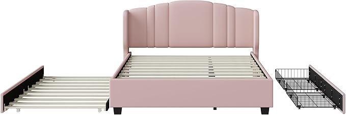 Merax Queen Size Platform Bed Frame with Twin Trundle, Storage 2 Drawers and Upholstered Headboard, No Box Spring Needed