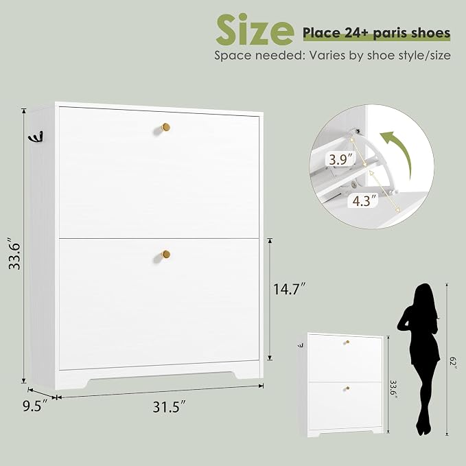 Nicetree Shoe Cabinet with 2 Flip Drawers, Narrow Shoe Organizer Cabinet, Freestanding Shoe Rack Cabinet, Modern Shoe Storage Cabinet for Entryway, Hallway, Foyer, White