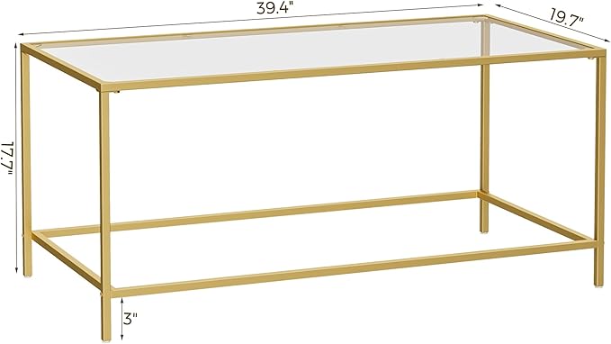 Homleke Glass Coffee Table, Modern Rectangular Coffee Table for Living Room, Minimalist Center Tea Table with Sturdy Metal Frame for Apartment, Office, Easy Assembly, 39.4 x 19.7 x 17.7 Inches, Golden