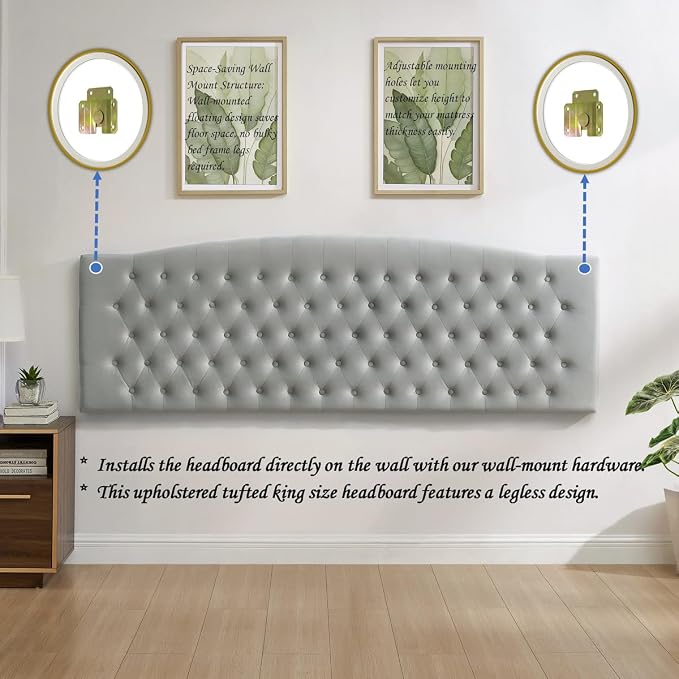 24KF Upholstered Tufted Button Velvet Wall Mounted Headboard,Comfortable Fashional Headboard King/CA King Size, 6058-K-Gray