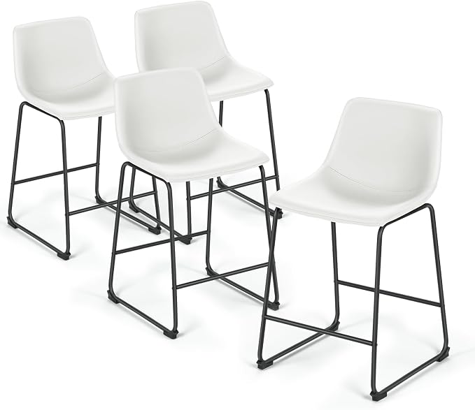 Athena Collection 23'' Counter Height Bar Stools Bar Chairs Set of 2 Modern PU Leather Bucket Chairs with Back Soft Foam Filled Metal Frame Bar Stools with Footrest for Pub, Bistro, Kitchen, White