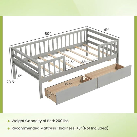 Giantex Twin Kids Bed with Storage Drawers, Wood Montessori Bed with Rails & Side Shelf, Low Daybed for Boys, Girls, No Box Spring Needed (Grey)