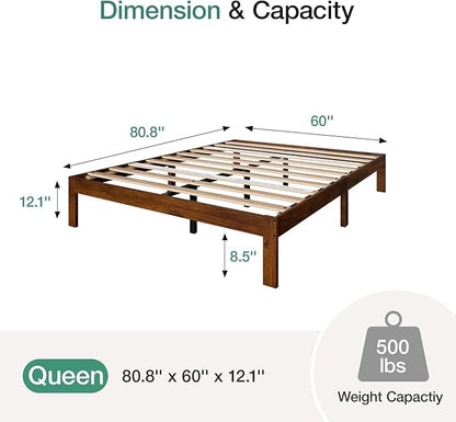 Novilla 12 Inch Queen Bed Frame, Classic Solid Wooden Platform Bed Frame Queen Size, Queen Size Bed Frame Without Headboard, Sturdy Wood Slat Support, No Box Spring Needed, Easy Assembly, Walnut