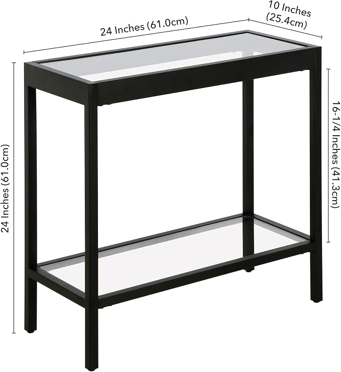 Henn&Hart 24" Wide Rectangular Rectangular Side Table in Blackened Bronze, Table for Living Room, Bedroom | Two-tiered glass shelves with a metal frame, offering open display space for living rooms, offices, or bedrooms