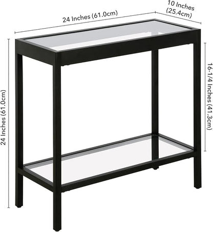 Henn&Hart 24" Wide Rectangular Rectangular Side Table in Blackened Bronze, Table for Living Room, Bedroom | Two-tiered glass shelves with a metal frame, offering open display space for living rooms, offices, or bedrooms