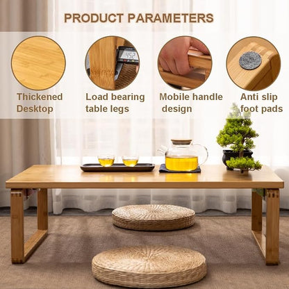 Portable Rectangle Foldable Coffee Table Japanese Tea Table, Bamboo Low Table for Sitting on The Floor, Dining Table, Tatami Table for Living Room Bedroom Meditation (Size:31.5*19.7*12.2in)