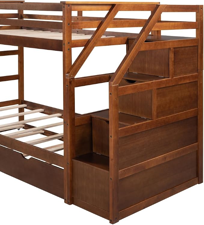 MERITLINE Twin Over Twin Bunk Beds with Trundle and Storage Box, Solid Wood Bunk Bed with Stairs and Storage Case for Teens Adults (Walnut + Solid Wood)