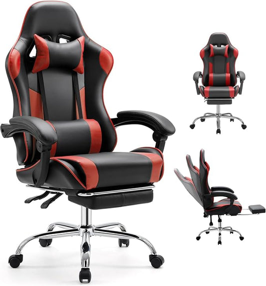 DUMOS Ergonomic Gaming Office Desk Chair with Footrest and Headrest for Adults, PU Leather Video Computer Chair with Linkage Armrests, Height Adjustable 360° Swivel Recling, Black Red