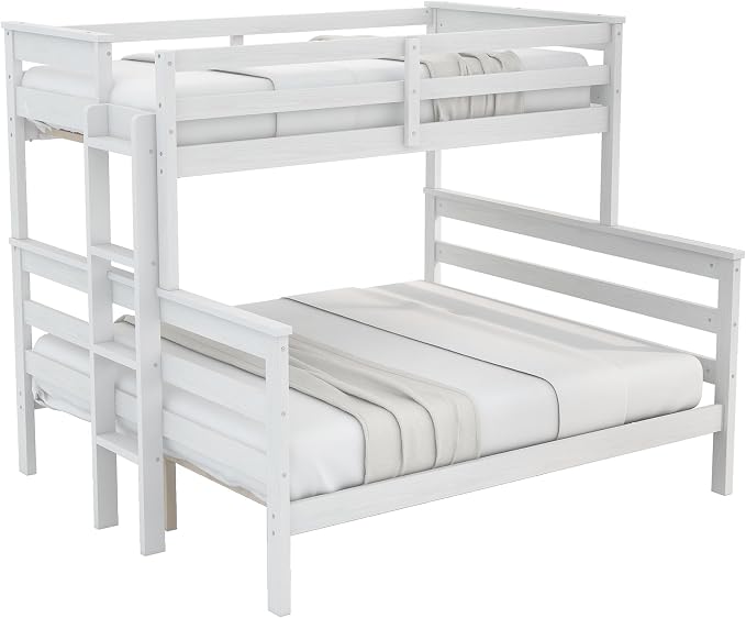 Wood Bunk Bed Twin XL Over Queen Size, Detachable Design Bunk Bed Frame with Safety Guardrail, Ladder and Sturdy Slats Support (White-4.21)