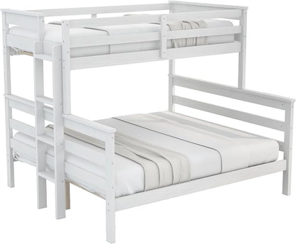 Wood Bunk Bed Twin XL Over Queen Size, Detachable Design Bunk Bed Frame with Safety Guardrail, Ladder and Sturdy Slats Support (White-4.21)