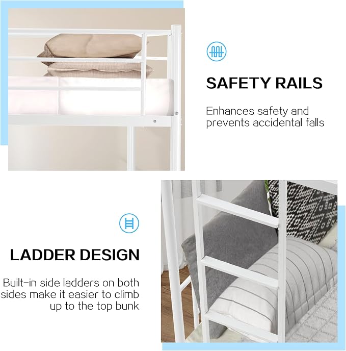 Bunk Bed Twin Over Twin with Ladders and Guardrail,Metal Bunk Bed Frame | Heavy Duty Metal Bunk Beds,400 lbs Capacity,Space Saving Furniture for Bedroom Dorm,No Spring Box Required,White