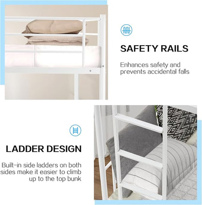 Bunk Bed Twin Over Twin with Ladders and Guardrail,Metal Bunk Bed Frame | Heavy Duty Metal Bunk Beds,400 lbs Capacity,Space Saving Furniture for Bedroom Dorm,No Spring Box Required,White