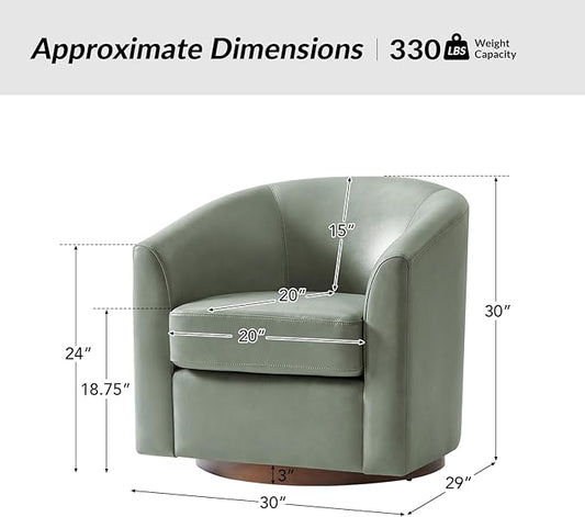 HULALA HOME Genuine Leather Swivel Barrel Chair, Round Swivel Accent Chair with Solid Wood Base, No Assembly Required, Sage