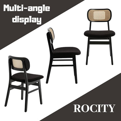 ROCITY Black Rattan Dining Chairs Set of 4 Lambswool Dining Room Chairs Natural Wooden Kitchen Chairs Farmhouse Boho