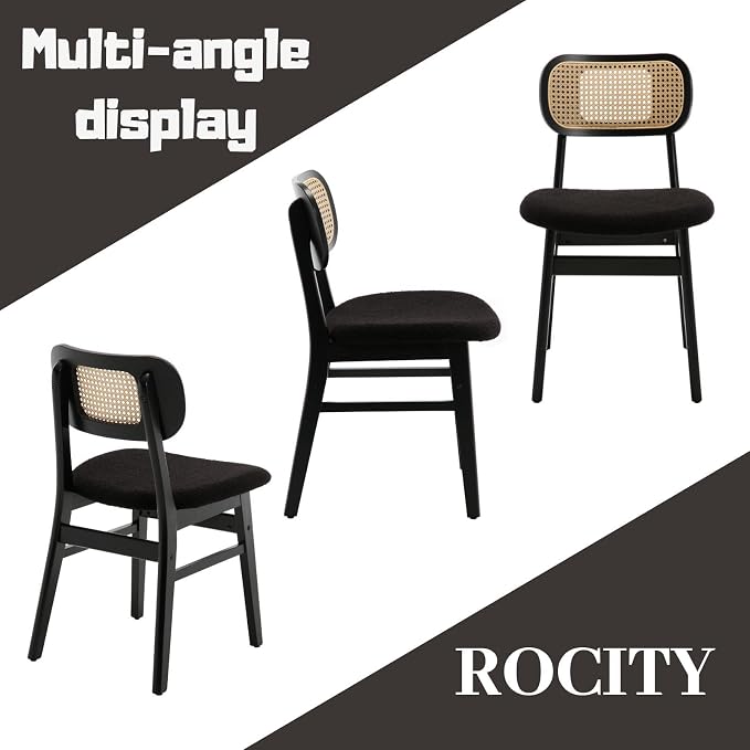 ROCITY Black Rattan Dining Chairs Set of 2 Lambswool Dining Room Chairs Natural Wooden Kitchen Chairs Farmhouse Boho Side Chairs