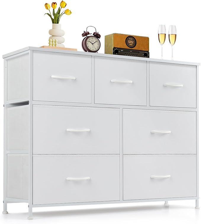 7-Drawer Dresser for Bedroom, Anti-Tip Wide Storage Organizer Fabric Chest of Drawers TV Stand for 45" TV with Wooden Top and Metal Frame for Closet, Living Room, Hallway, Entryway, White