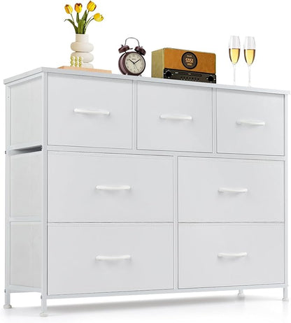 7-Drawer Dresser for Bedroom, Anti-Tip Wide Storage Organizer Fabric Chest of Drawers TV Stand for 45" TV with Wooden Top and Metal Frame for Closet, Living Room, Hallway, Entryway, White