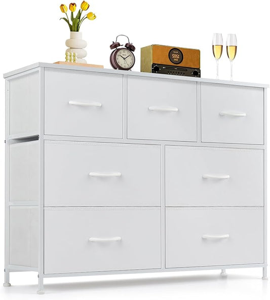 7-Drawer Dresser for Bedroom, Anti-Tip Wide Storage Organizer Fabric Chest of Drawers TV Stand for 45" TV with Wooden Top and Metal Frame for Closet, Living Room, Hallway, Entryway, White